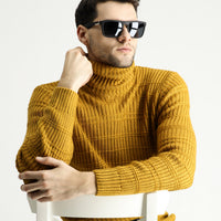Mustard Yellow Turtleneck Slim Fit Narrow Cut Patterned Knit Sweater