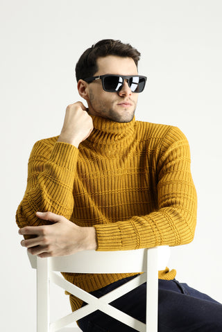  Hardal Balıkçı Yaka Slim Fit Dar Kesim Desenli Triko Kazak