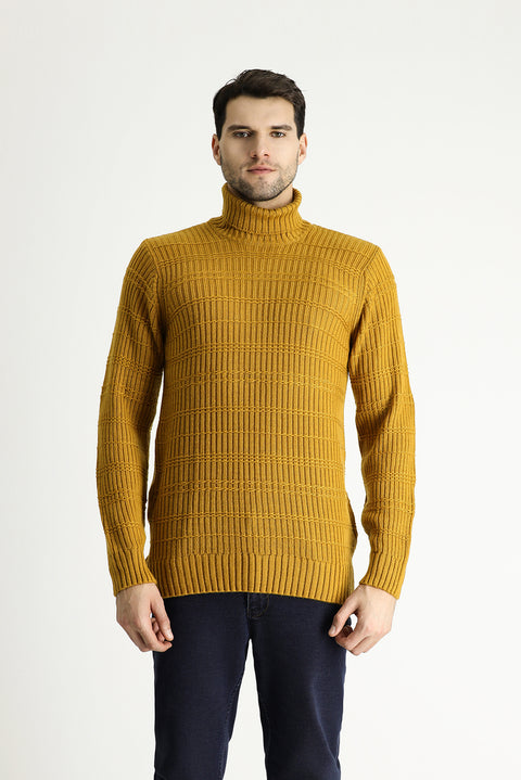 Mustard Yellow Turtleneck Slim Fit Narrow Cut Patterned Knit Sweater