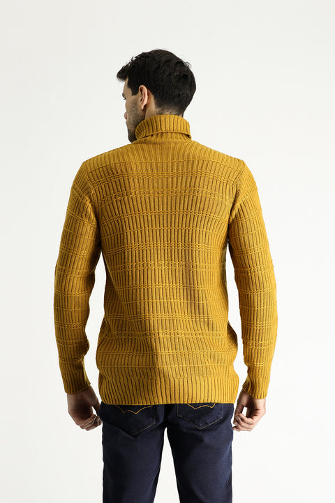 Mustard Yellow Turtleneck Slim Fit Narrow Cut Patterned Knit Sweater