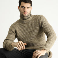 Medium Mink Turtleneck Slim Fit Narrow Cut Patterned Knit Sweater