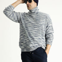 Indigo Turtleneck Oversize Patterned Knit Sweater