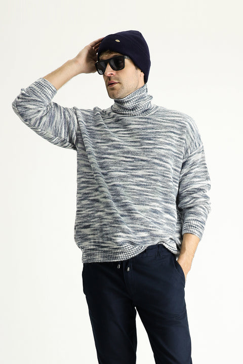 Indigo Turtleneck Oversize Patterned Knit Sweater