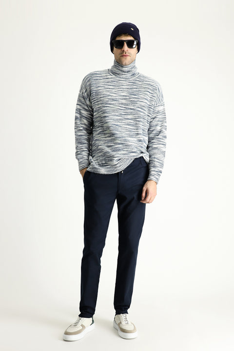 Indigo Turtleneck Oversize Patterned Knit Sweater
