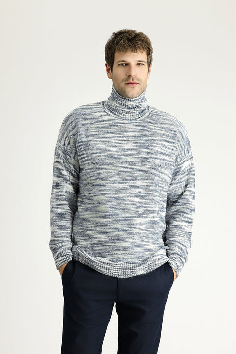Indigo Turtleneck Oversize Patterned Knit Sweater