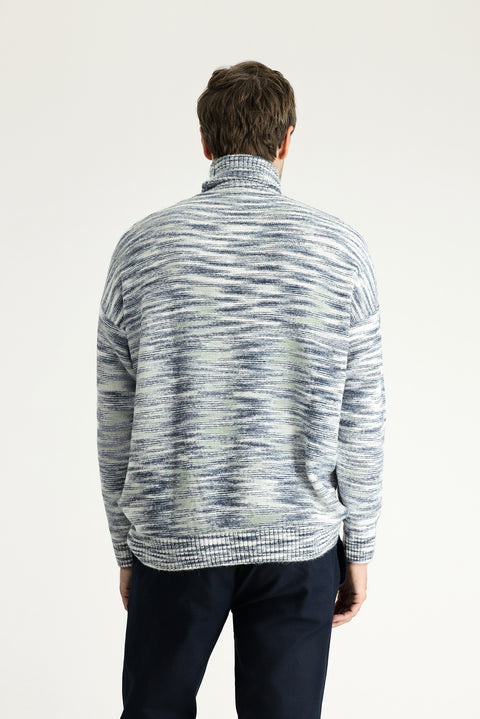 Indigo Turtleneck Oversize Patterned Knit Sweater