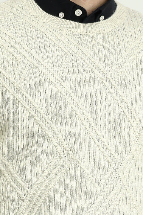 Ekru Bisiklet Yaka Slim Fit Dar Kesim Desenli Yünlü Triko Kazak