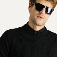 Black Crew Neck Slim Fit Narrow Cut Wool Patterned Cotton Knit Sweater