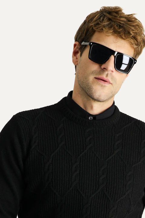Black Crew Neck Slim Fit Narrow Cut Wool Patterned Cotton Knit Sweater
