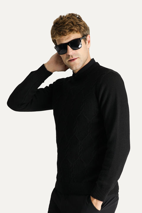 Black Crew Neck Slim Fit Narrow Cut Wool Patterned Cotton Knit Sweater