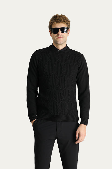 Black Crew Neck Slim Fit Narrow Cut Wool Patterned Cotton Knit Sweater