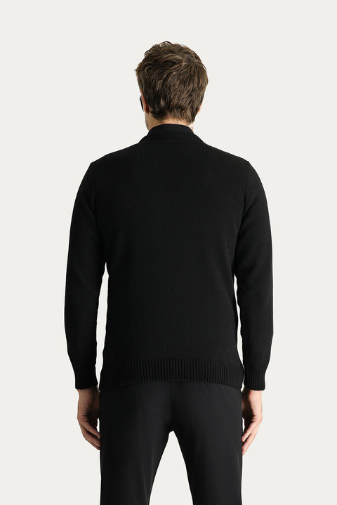 Black Crew Neck Slim Fit Narrow Cut Wool Patterned Cotton Knit Sweater
