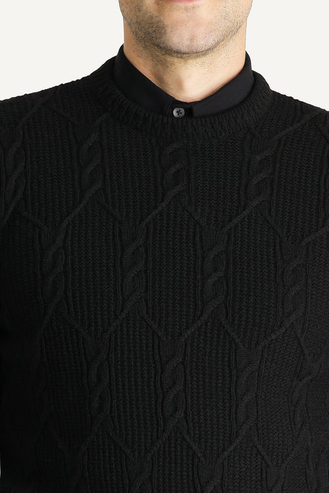Black Crew Neck Slim Fit Narrow Cut Wool Patterned Cotton Knit Sweater