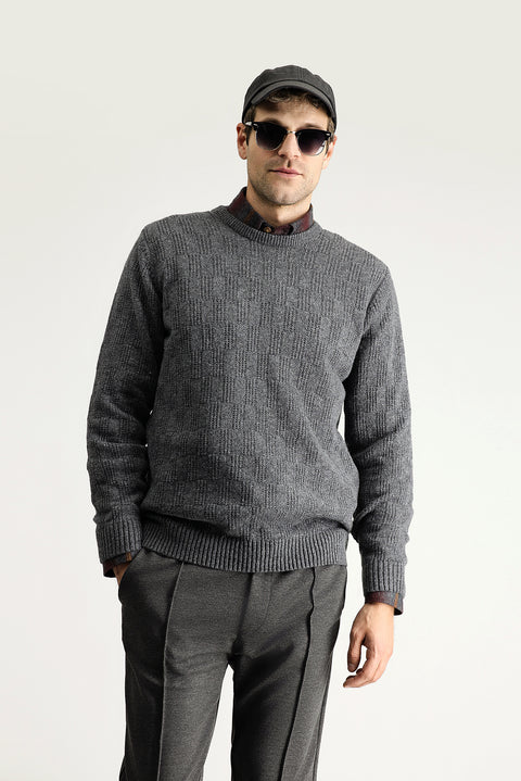 Medium Gray Crew Neck Regular Fit Patterned Wool Knit Sweater