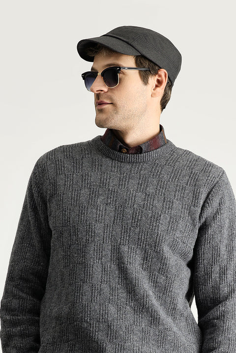 Medium Gray Crew Neck Regular Fit Patterned Wool Knit Sweater