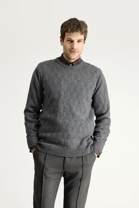 Medium Gray Crew Neck Regular Fit Patterned Wool Knit Sweater