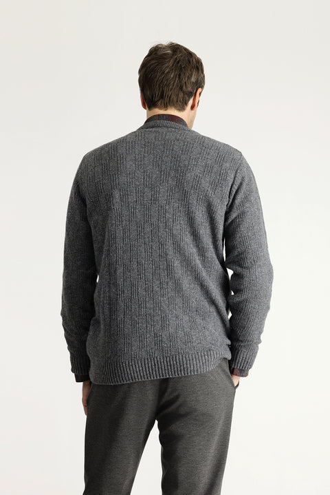 Medium Gray Crew Neck Regular Fit Patterned Wool Knit Sweater