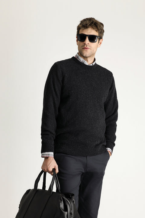 Dark Anthracite Crew Neck Regular Fit Patterned Wool Knit Sweater