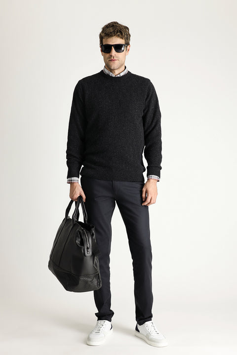 Dark Anthracite Crew Neck Regular Fit Patterned Wool Knit Sweater