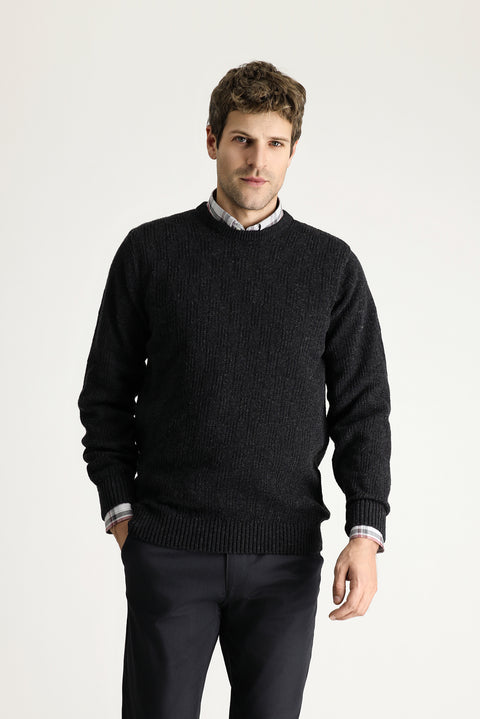 Dark Anthracite Crew Neck Regular Fit Patterned Wool Knit Sweater