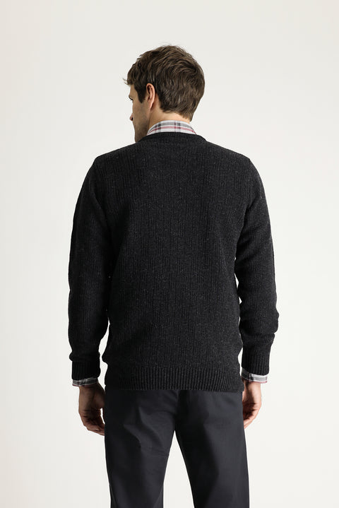 Dark Anthracite Crew Neck Regular Fit Patterned Wool Knit Sweater