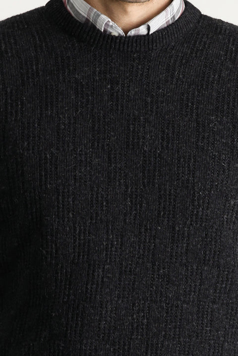 Dark Anthracite Crew Neck Regular Fit Patterned Wool Knit Sweater