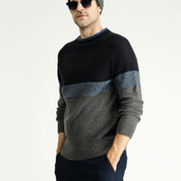 Medium Grey Melange Crew Neck Slim Fit Narrow Cut Patterned Knit Sweater