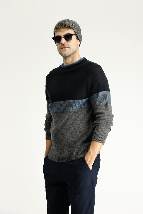 Medium Grey Melange Crew Neck Slim Fit Narrow Cut Patterned Knit Sweater