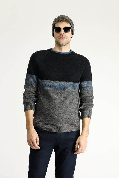 Medium Grey Melange Crew Neck Slim Fit Narrow Cut Patterned Knit Sweater
