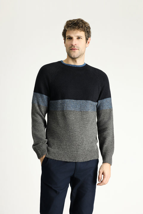 Medium Grey Melange Crew Neck Slim Fit Narrow Cut Patterned Knit Sweater