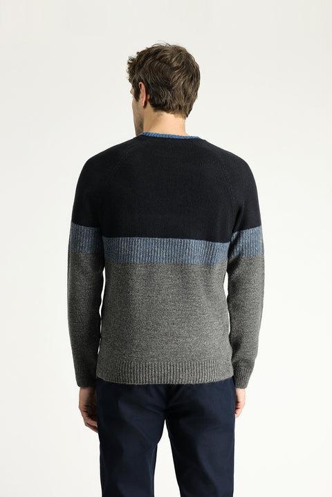 Medium Grey Melange Crew Neck Slim Fit Narrow Cut Patterned Knit Sweater