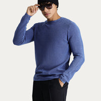 Indigo Crew Neck Slim Fit Narrow Cut Patterned Cotton Knit Sweater