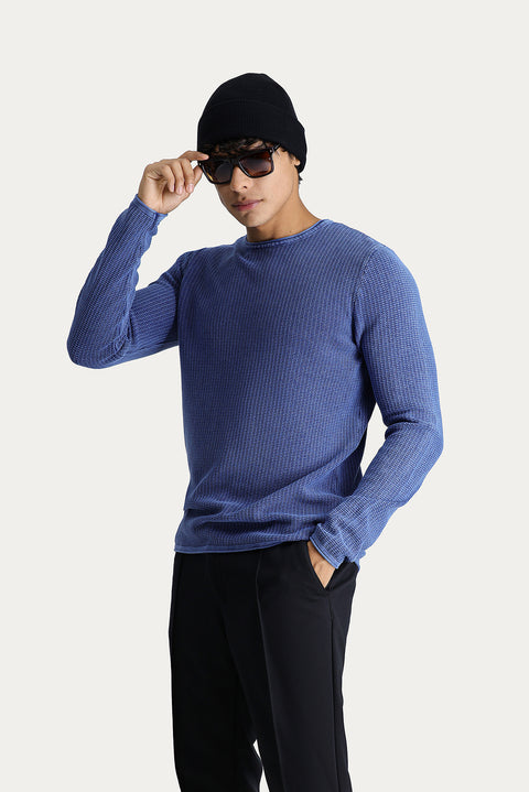 Indigo Crew Neck Slim Fit Narrow Cut Patterned Cotton Knit Sweater