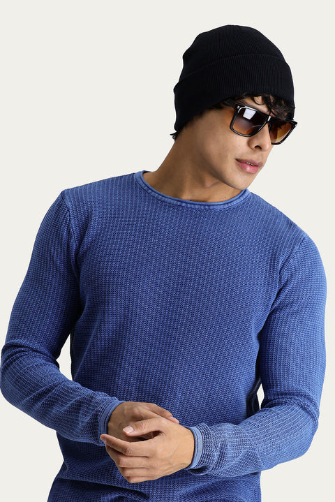 Indigo Crew Neck Slim Fit Narrow Cut Patterned Cotton Knit Sweater