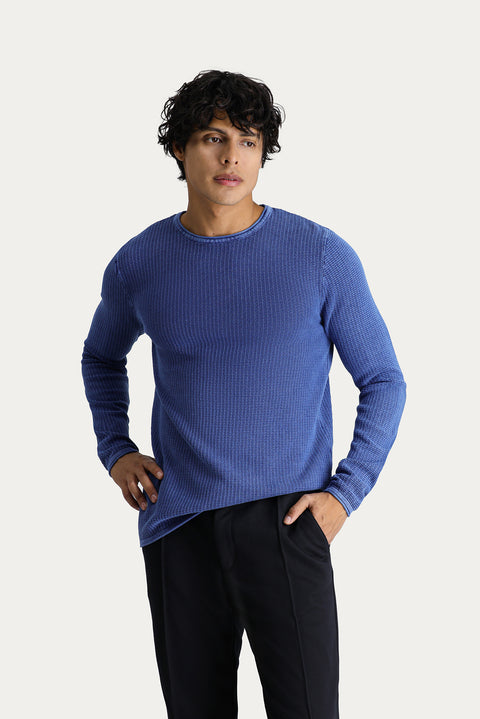 Indigo Crew Neck Slim Fit Narrow Cut Patterned Cotton Knit Sweater