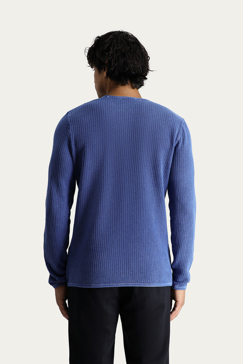 Indigo Crew Neck Slim Fit Narrow Cut Patterned Cotton Knit Sweater