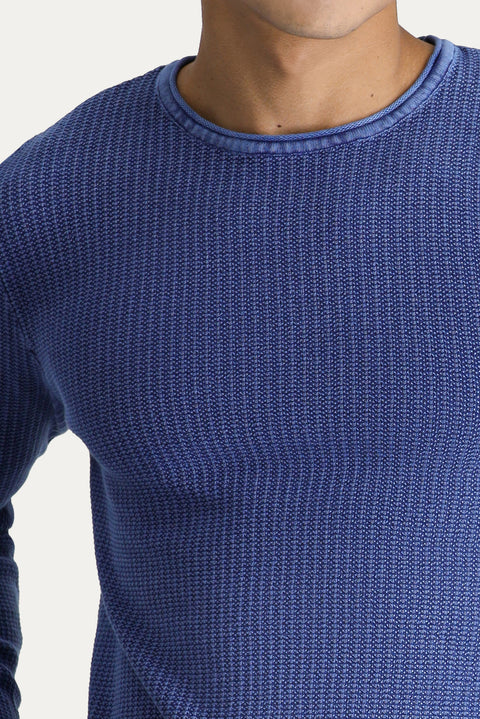 Indigo Crew Neck Slim Fit Narrow Cut Patterned Cotton Knit Sweater