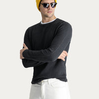 Dark Anthracite Crew Neck Slim Fit Narrow Cut Patterned Cotton Knit Sweater
