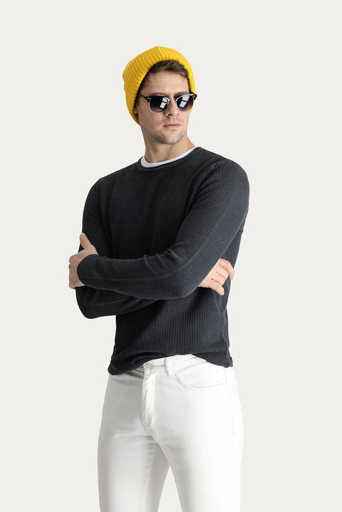 Dark Anthracite Crew Neck Slim Fit Narrow Cut Patterned Cotton Knit Sweater