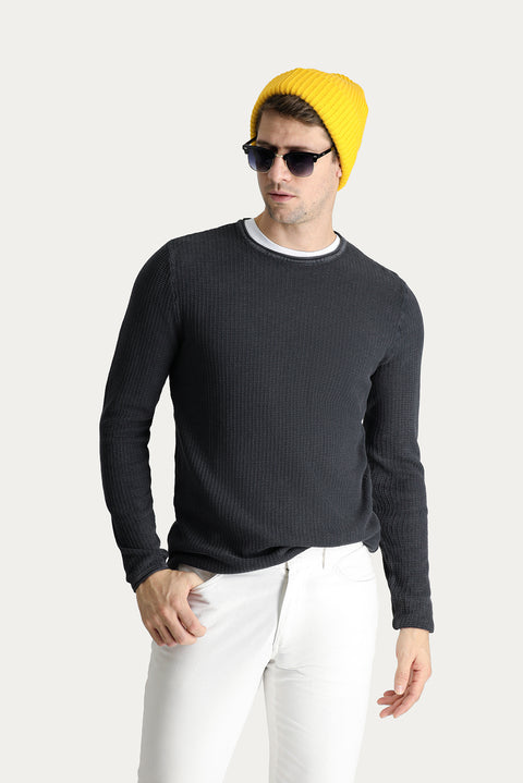 Dark Anthracite Crew Neck Slim Fit Narrow Cut Patterned Cotton Knit Sweater