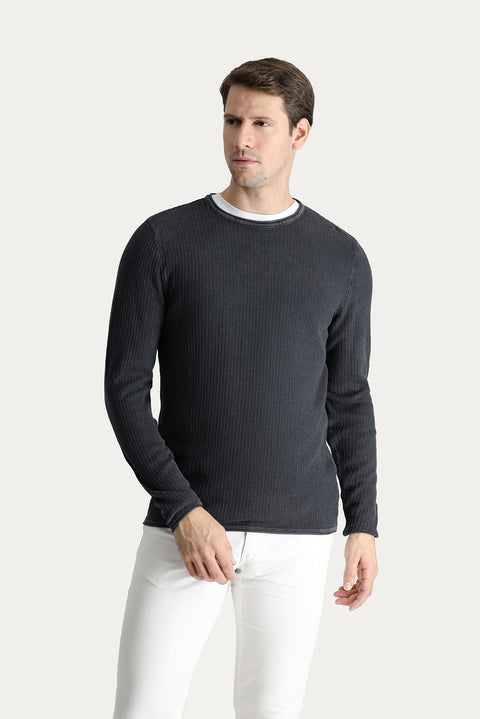 Dark Anthracite Crew Neck Slim Fit Narrow Cut Patterned Cotton Knit Sweater
