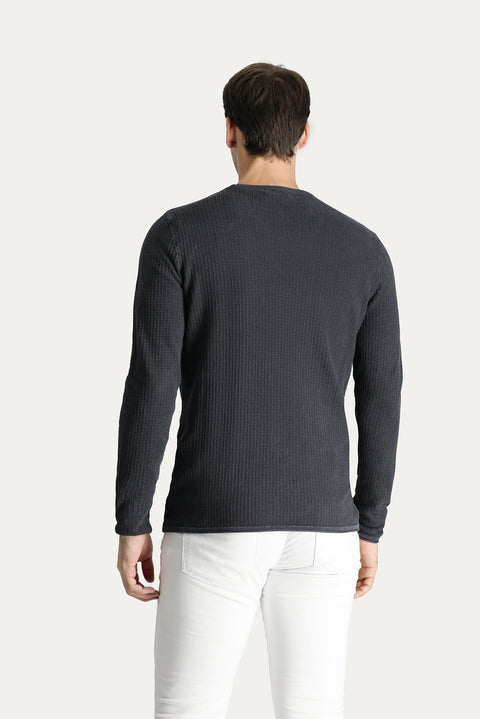 Dark Anthracite Crew Neck Slim Fit Narrow Cut Patterned Cotton Knit Sweater