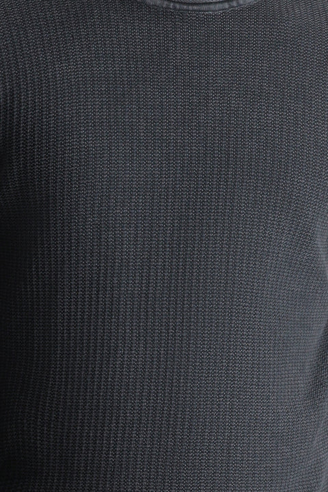 Dark Anthracite Crew Neck Slim Fit Narrow Cut Patterned Cotton Knit Sweater