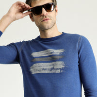 Indigo Crew Neck Slim Fit Narrow Cut Patterned Cotton Knit Sweater