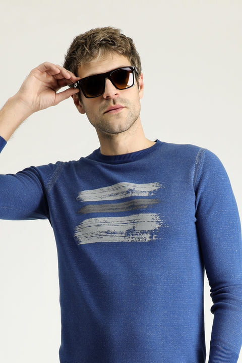 Indigo Crew Neck Slim Fit Narrow Cut Patterned Cotton Knit Sweater