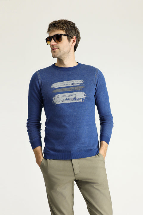 Indigo Crew Neck Slim Fit Narrow Cut Patterned Cotton Knit Sweater