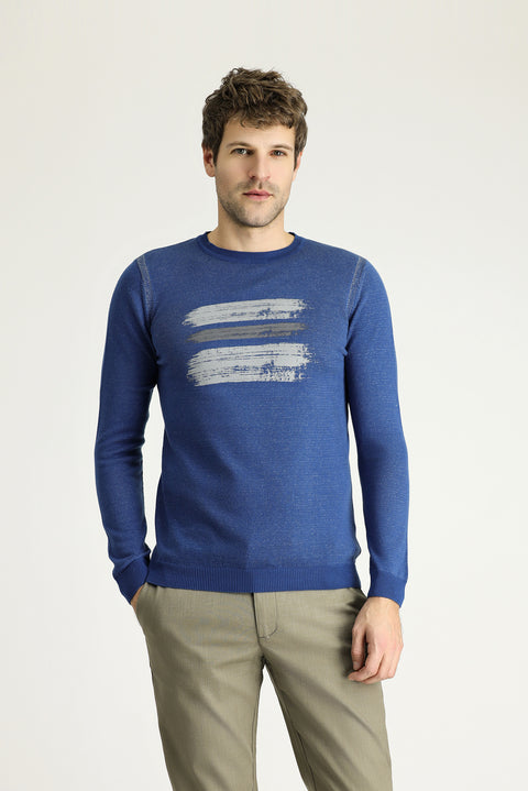 Indigo Crew Neck Slim Fit Narrow Cut Patterned Cotton Knit Sweater