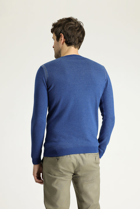 Indigo Crew Neck Slim Fit Narrow Cut Patterned Cotton Knit Sweater