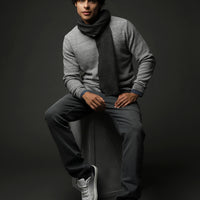 Medium Grey Melange Crew Neck Slim Fit Narrow Cut Patterned Knit Sweater