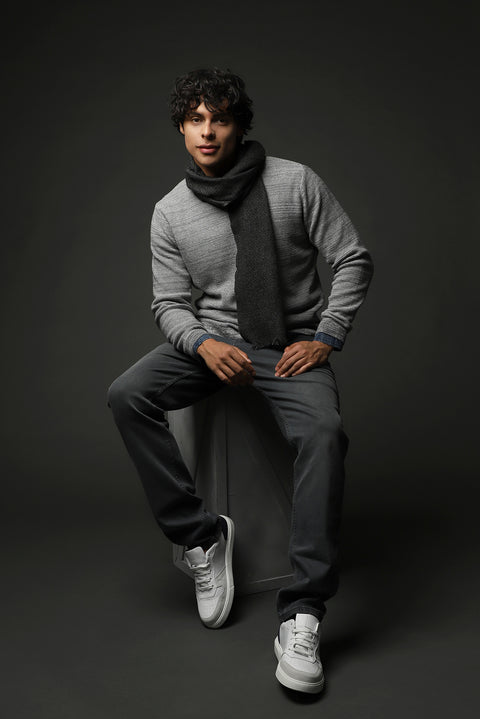Medium Grey Melange Crew Neck Slim Fit Narrow Cut Patterned Knit Sweater